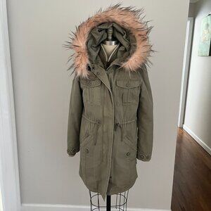 American Eagle 2 in 1 Convertible Parka Green Coat Pink Faux Fur Waist Tie Small